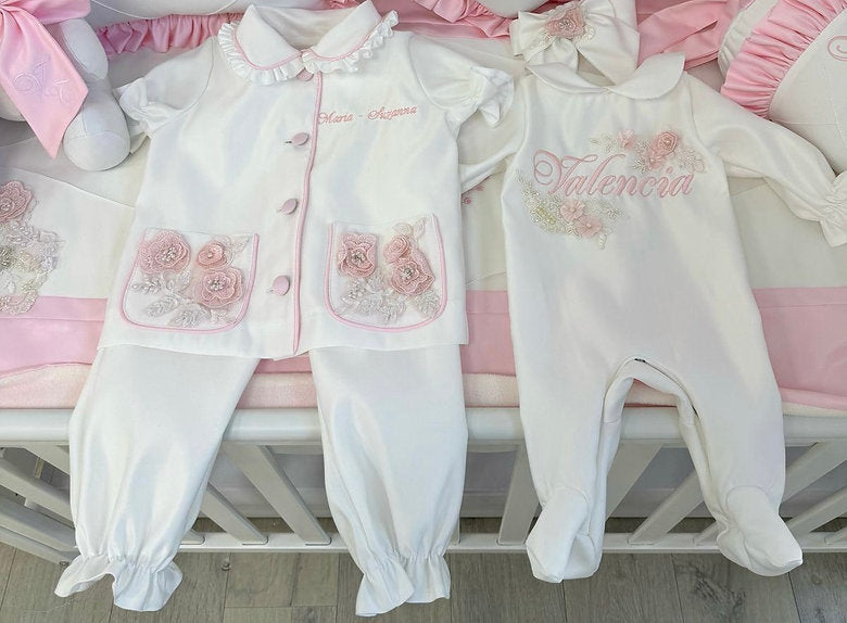 Matching sisters pyjamas & babygrow set with added lace detailing